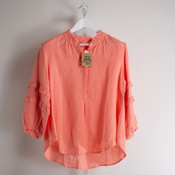 Ivy Jane Women's Ruffle Sleeve Top Blouse Coral Linen Small - Picture 1 of 8